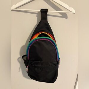 Black Sling Backpack with Rainbow Zippers